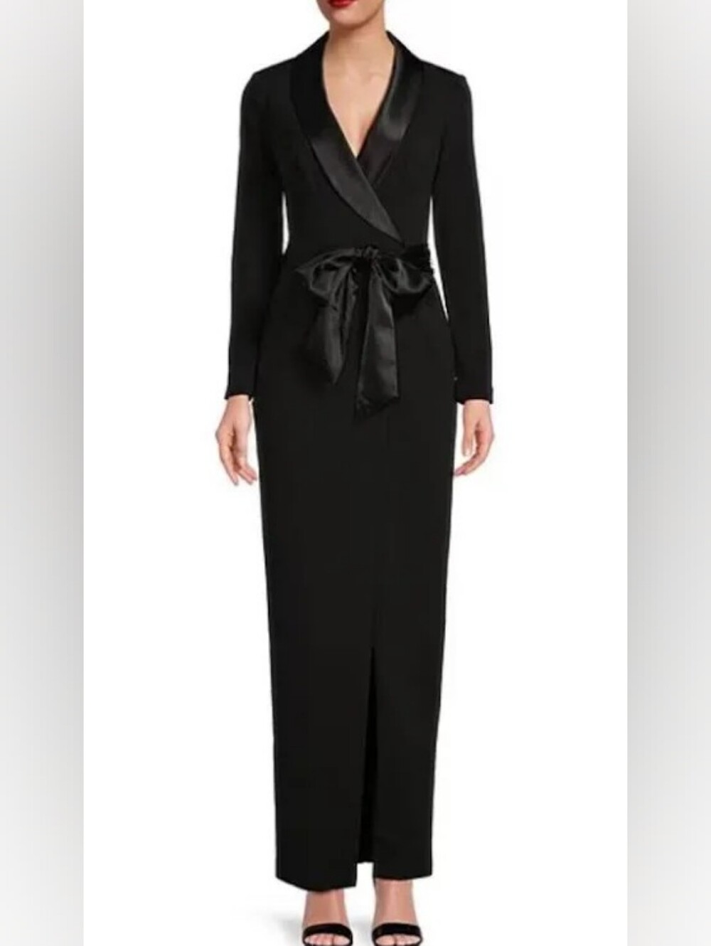 Eliza J Black Long-Sleeve Tuxedo Maxi Dress with Satin Waist Tie NWT